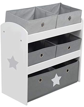 roba Spielregal Stars - Spielzeugregal für Kinderzimmer mit 5 Boxen aus Stoff - mit Stern Motiv - Aufbewahrungsregal für Jungen und Mädchen - Holz weiß