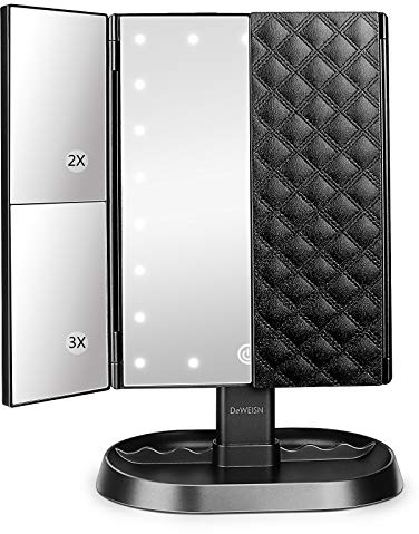 deweisn Trifold Lighted Vanity Makeup Mirror with 21 LEDs Lights,1x/2x/3x Magnification and Touch Screen Dimming,Two Power Supplies Makeup Mirror, Gift for Women