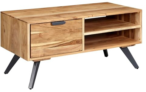 FineBuy Couchtisch Akazie Massivholz 95cm · Rechteckiger Wohnzimmertisch mit Schublade & Ablagefächern · Handgefertigter Sofatisch mit schwarzen Metallbeinen im Industrial Design