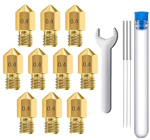 MMOBIEL 10 pièces MK8 en Laiton de 0,4 mm pour imprimante 3D, extrudeuse Compatible avec Les séries Creality Ender 3, Ender 5, CR-10/10S, Makerbot, Anet A8, incluant 3 Aiguilles de Nettoyage et Clé