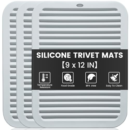 TOPULORS 3 Pack Silicone Trivets for Hot Pots and Pans 23x30cm Heat Resistant Trivet Mat Hot Pads for Kitchen Worktops Multipurpose Non-Slip Heatproof Potholders Pot Holders Trivets for Dishes - Grey