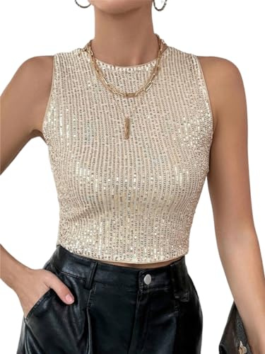 ORANDESIGNE Débardeurs à Paillettes Femme Gilet à Paillettes Brillante Sequins Débardeur Col Rond Tank Tops Soirée Danse Club Fête A Or M