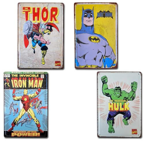 BOEMY Pack de 5 Badges Décoratifs Super Héros, Plaques Métalliques avec Style Rétro de Personnages de Bandes Dessinées : Batman, Thor, Hulk, Ironman et Superman | Dimensions 20 x 30 cm
