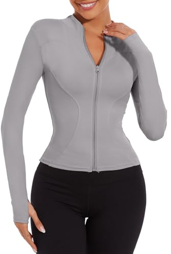 CheChury T-Shirts de Sport Femme Veste de Sport Femme Sweat Respirante Veste de Course à Manches Longues Tops Léger avec Fermeture Éclair Séchage Rapide Veste de Yoga Tee Shirt Fitness Running