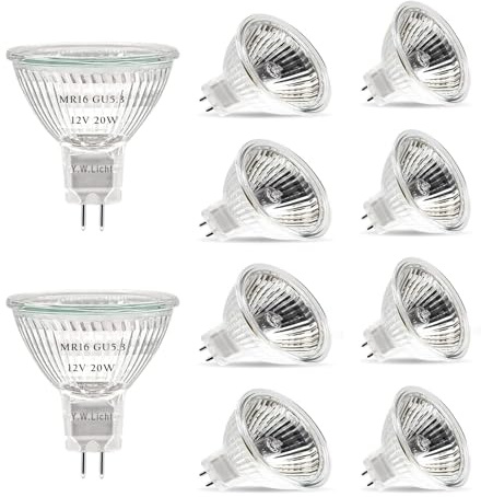 Y.W.Licht Halogenlampa MR16, 20 W, Gu5.3, 12 V, glödlampa, varmvit, 2 800K, dimbar, minihalogenlampa, spotlight för skåpbelysning, exponeringsbelysning (10 stycken)