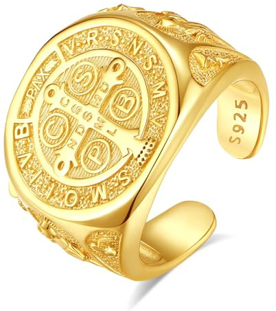 INFUSEU Anillo San Benito, Plata de Ley 925 18K Oro Religioso Católico Cristiano Exorcismo Anillo Hombre Caballeros Templarios Medalla Cristiana Cruz Orden Protección Joyería para Mujer Hombre