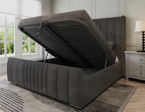 Furnishion Manhattan King Size Bed Frame with Storage, Modern Velvet Ottoman King Size Beds with storage, Luxury Panelled Frame with Metal Mesh Base & 48 Headboard, Storage Bed in Steel Plush
