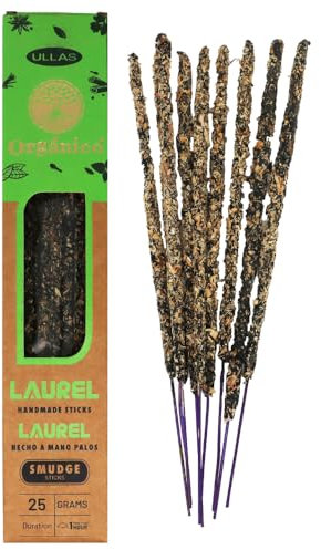 Ullas - Incenso Bastoncini Naturali all'Alloro, Fatti a Mano in India, Lunga Durata 60min, 9-10 Bastoncini, 25 Grammi