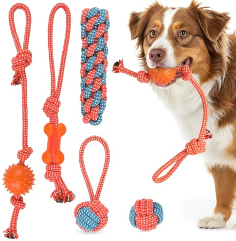 RUXAN Giocattolo per cuccioli e cani di taglia media e piccola, realizzato in cotone naturale, cane set da 6 pezzi