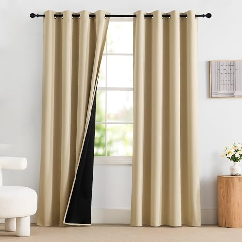 PONY DANCE Rideau Occultant Bloquer Lumiere - Rideau Salon Thermiques Phonique Anti Bruit avec Œillets Décoration pour Salon Chambre Maison, Jaune Beige, L 140 et H 220 cm, 2 PCs