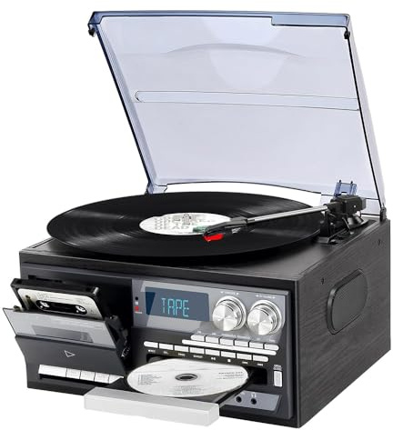 Vinylskivspelare, retro Bluetooth-skivspelare med inbyggda högtalare, 3 hastigheter Bluetooth vintage skivspelare, CD- och kassettspelare, mindre ljud, frostat dammskydd, för underhållning