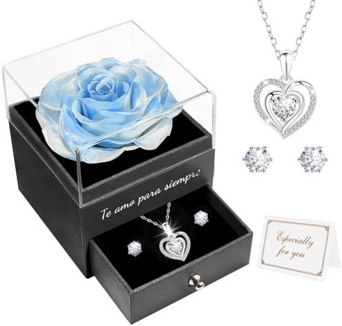Miofula Rosa Eterna Regalos Originales para Mujer,Flores Preservadas Caja de Regalo con Collar y Aretes,Regalo Aniversario Pareja,Regalo Mujer Cumpleaños,Flor Eterna Regalo Novia Navidad San Valentin