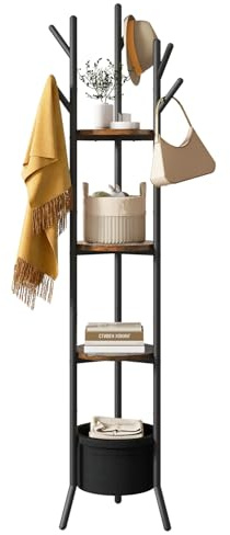 YMYNY Coat Rack, Freestanding Coat Stand with Storage Shelves, Hall Trees with 3 Wooden Shelves and 1 Fabric Basket, Metal Clothes Stand for Hats Bags Hallway Bedroom Rustic Brown UHGR005H