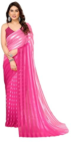 ETHNICMODE Indian Saree For Women Soft Satin Light Weight Party Wear Pink Sari With Unstitched Red Blouse Piece-1118
