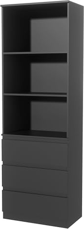 Nera Tall Wooden Bookcase with Shelving and Drawers Standing Shelf for Office Living Room Storage Organiser (Black)
