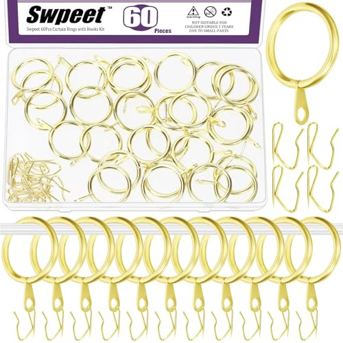 Swpeet 60Pcs 25mm/1 Inner Diameter Gold Metal Curtain Ring with Pin-on Drapery Hooks Assortment Kit, Drape Sliding Eyelet Ring Metal Curtain Hooks, for Window Door Shower Curtain