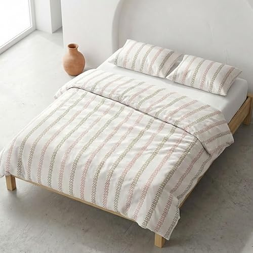 GAMUSI Juego Funda nórdica Cama 90 100% algodón - Funda Almohada 45x110 cm, Rayas Original Color Beige