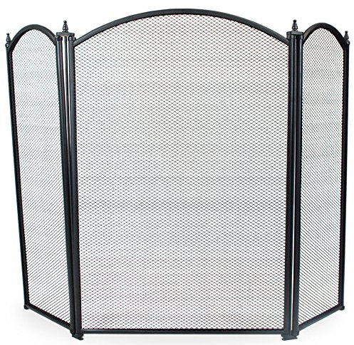 Simpa® Oakley 3 Panel Folding Fire Guard Fire Place Guard Fire Screen Spark Flame Guard Curved Top 3 Panel Folding Design, Black