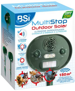 BSI - Répulsif Ultrasons Et Flash - pour Lutter Contre Les Animaux Nuisibles - Couvre Une Surface Extérieure Jusqu'à 150m² - Adapté Aux Chiens Chats Gibier Ou Volatiles - Energie Solaire