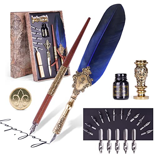 AOMAYLL Kalligraphie Feder,Vintage Federkiel Dip Quill Pen, with 17 Replacement Tips,Pen Holder,Ink,Seal Stamp-Perfektes für Anfänger und Profis