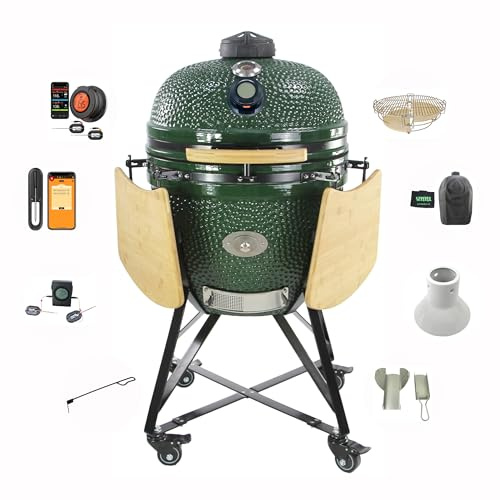 YNNI KAMADO TQTT23GR XL - Parrilla de 23 pulgadas, verde, alimentador de chips, paquete, barbacoa, cerámica, huevo, ahumador, TQTT23GR