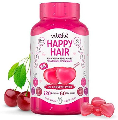 VITAFUL Happy Hair - Integratore Capelli Biotina + Vitamine A,B,C,D,E + Zinco - 120 Gommose, 2 Mesi - Vitamine Gommose Anticaduta e Crescita Donna e Uomo - Contra Perdita Capelli - 100% Vegano