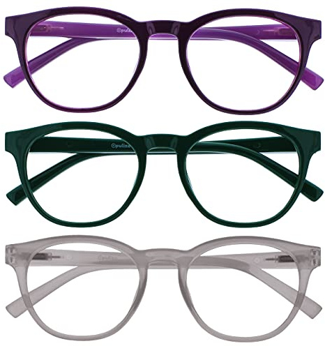 OPULIZE Blu Gafas de Lectura con Bloqueo de Luz Azul Pack de 3 Montura Redonda Morada Verde Hielo Bisagras de Muelle Mejoran el Sueño Ordenador Gaming Antirreflejante Hombre Mujer BBB5-56C +3.50