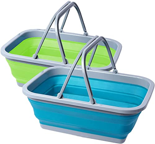 REDCAMP 9L Collapsible Washing up Bowl with Handles, 2 Pack Foldable Camping Bowl Multipurpose Outdoor Basin, Portable Folding Sink for Camping Hiking Travel Home, Blue & Green