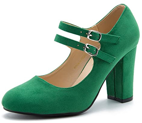 Women's Mary Jane Dress Shoes Double Strap Closed Round Toe Block High Heel Pumps, Suede Green, 6.5 UK
