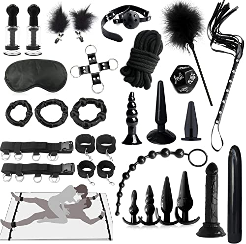 BDSM Fesseln Sex Set Perfekt Bondage Set 26 Stück,Handschellen Sex Bett Analplug Anal Dildo Penisring,Choker Nippelklemmen Nippelsauger Augenmaske Peitsche Knebel