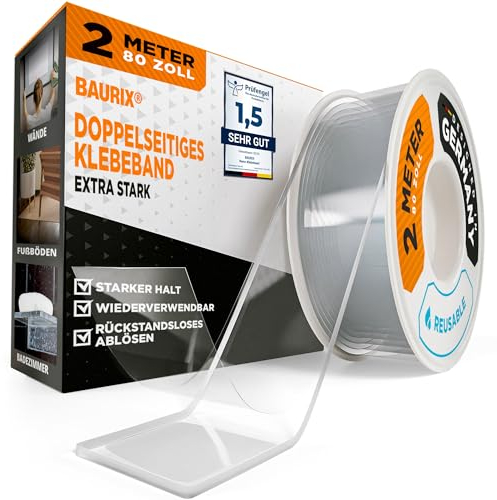 BAURIX® Cinta Doble Cara [2m] - Cinta de doble cara extrafuerte - Adhesivo doble cara transparente y lavable - Cinta Adhesiva versátil - Adhesivo doble cara extrafuerte