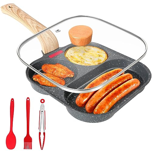 Gimars Padella Antiaderente per Frittata con Coperchio Padella Pancake Multifunzionale a 3 Fori in Alluminio a Gas Induzione per Uova Hamburger Omelette Prosciutto Colazione,con Spatola Pennello Clip