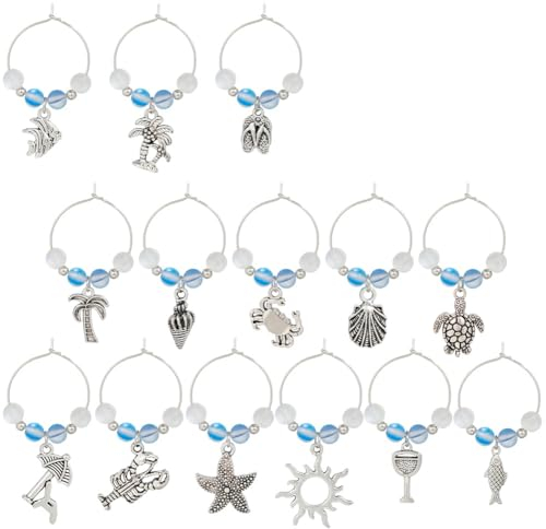 SUNNYCLUE 1 scatola 14 pezzi Ciondoli per Bevande Ciondoli per Marcatori di Vino Sfuso Identificatore per Bicchiere di Vino Mare Estate Oceano Hawaii Ciondoli per Palline di Vetro Identificatori di Vi