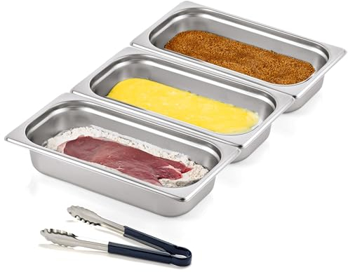 Morleos 3 bols à paner + pince bleue | GN 1/3 en acier inoxydable 32,5 x 17,6 x 6,5 cm | Volume total : 7,5 l | Poisson pané et marinade | 0,7 mm d'épaisseur