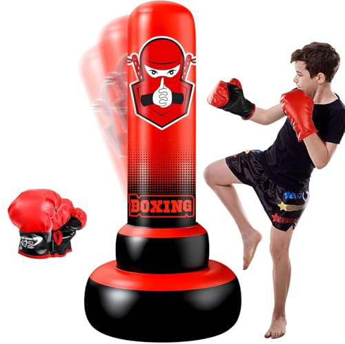 NZQXJXZ Sac de Frappe Enfant, 168cm Punching Ball Gonflable à Trois Niveaux, Sac de Boxe pour Enfants, Cadeaux d'anniversaire de Noël pour Les Garçons et Les Filles Qui s'Entraînent au Karaté MMA