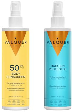 Valquer Pack Protector Solar Corporal y Capilar en Spray. Crema Corporal SPF 50 300 ml y Protector Capilar 300 ml. Alta Protección Contra Rayos UVA y UVB, Resistente al Agua con Aroma Monoi de Tahíti