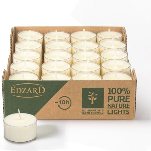 EDZARD Lot de 40 bougies chauffe-plat, blanches, cire de colza, coque en plastique transparent, durée de combustion : environ 7 h