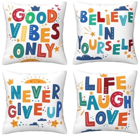 HOSTECCO Colorful Classroom Cushion Covers 50x50 cm Set of 4 Inspirational Quotes Cushion Cases Positive Reading Decorative Pillow Covers for Kids Children
