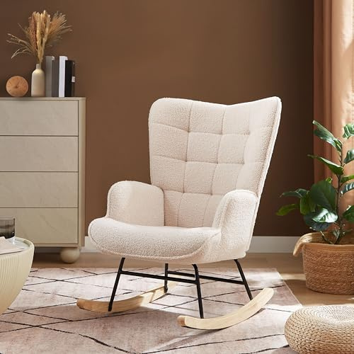 Sicaan Fauteuil à Bascule Scandinave, Luna, Fauteuil Tissu Bouclette avec Surpiqûres, Beige, L.67 x P.85,5 x H.91 cm, Fauteuil de Salon, Chambre avec Pieds en Bois D'hévéa, Structure Contreplaqué