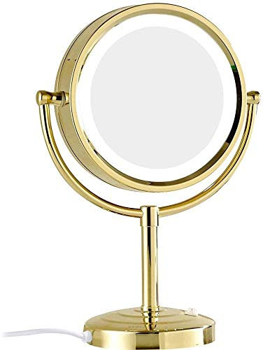 Miroir de maquillage avec lumières Miroirs de maquillage de comptoir de 8 pouces, meuble-lavabo double face doré éclairé par LED en laiton avec loupe cosmétique debout avec prise interrupteur, 7X