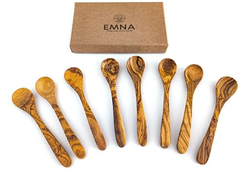 EMNA - Olivträ, dessertskedar, set med 8 teskedar av ädelt olivträ, 14 cm, presentidé, handgjord, unik, lyxig, antibakteriell, hållbar, snygg, perfekt för te, kaffe, desserter