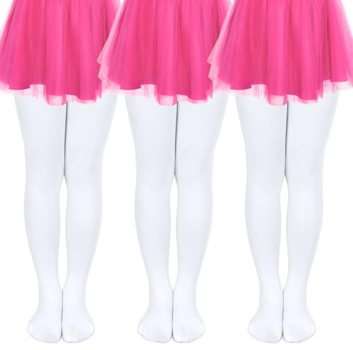 KOOOGEAR Lot de 3 collants de ballet pour filles (Taille 110-165) sans démangeaison ni glissement, collants pour le ballet pour enfants extrêmement résistants, Blanc., 8-10 ans
