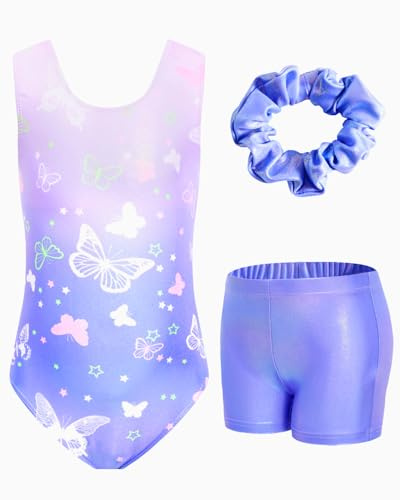 JiAmy Gymnastics Leotards for Girls with Shorts Set, 3Pcs Kids Gymnastics Athletic Outfit, Sleeveless Ballet Dancewear for Kids Purple Butterfly 3-4 Years