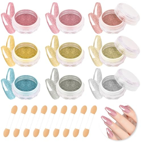 Furuising 9 Colores Polvo Cromado Para Uñas, Purpurina Efecto Espejo Uñas, Mmanicura Espejo con 9 Pinceles de Eesponja, Oro, Plata, Azul, Rojo, Adecuado para Salón de Uñas, DIY Nail Art