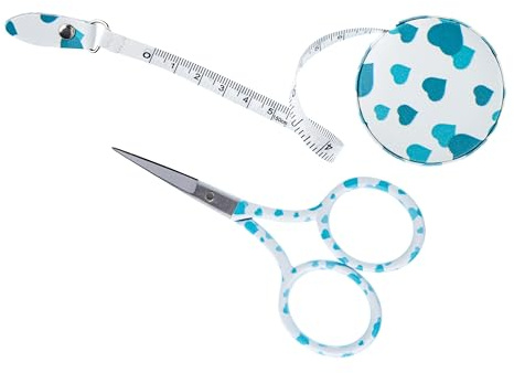 The Quilted Bear - Blue Heart 3.5 Embroidery Scissors & Blue Heart Retractable Tape Measure with Double Sided Metric & Imperial Measuring Tape for Sewing, Tailors or a Body Measuring Tape 150cm/60