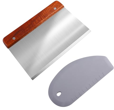 Dough Scraper Stainless Steel 20 cm with Wooden Handle, Silicone Dough Scraper, 2 Pieces Dough Cutter, Kitchen Scraper, Vegetable Scoop, Dough Card Large for Cake, Cake, Pizza, Cake, Dough and Baking