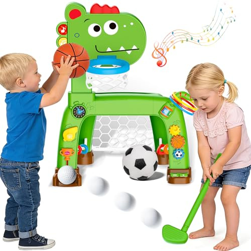 4-i-1-basketbollkorg och fotbollsmål leksak för småbarn, babyleksak med golfspel och ringkastspel, Dinosaurie-leksak för 1 2 3 åriga pojkar och flickor med ljus, ljud och musik