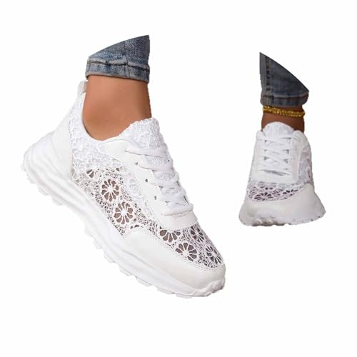SKFLABOOF Chaussures en lin pour femme - Blanc - Baskets traditionnelles en tissu - Baskets blanches - Chaussures dirndl blanches - Chaussures d'été - Dentelles blanches - Élégantes - Pour festival