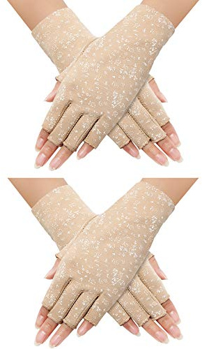 Maxdot 2 Pair Women Sunblock Fingerless Gloves UV Protection Driving Gloves Summer Mitten Non Slip for Outdoor Cycling Manicures (Khaki)