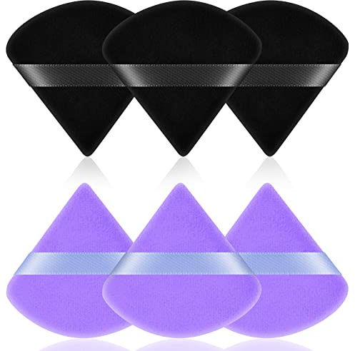 AUAUY 6 PCS Soplos de Polvo, Triángulo Polvos Puffs,Maquillaje Puff con Correa Esponja Herramientas para Maquillaje en Húmedo Seco Cojín Esponja para Polvo Suelto o Rubor de Base(3PCSBlack 3PCSPurple)